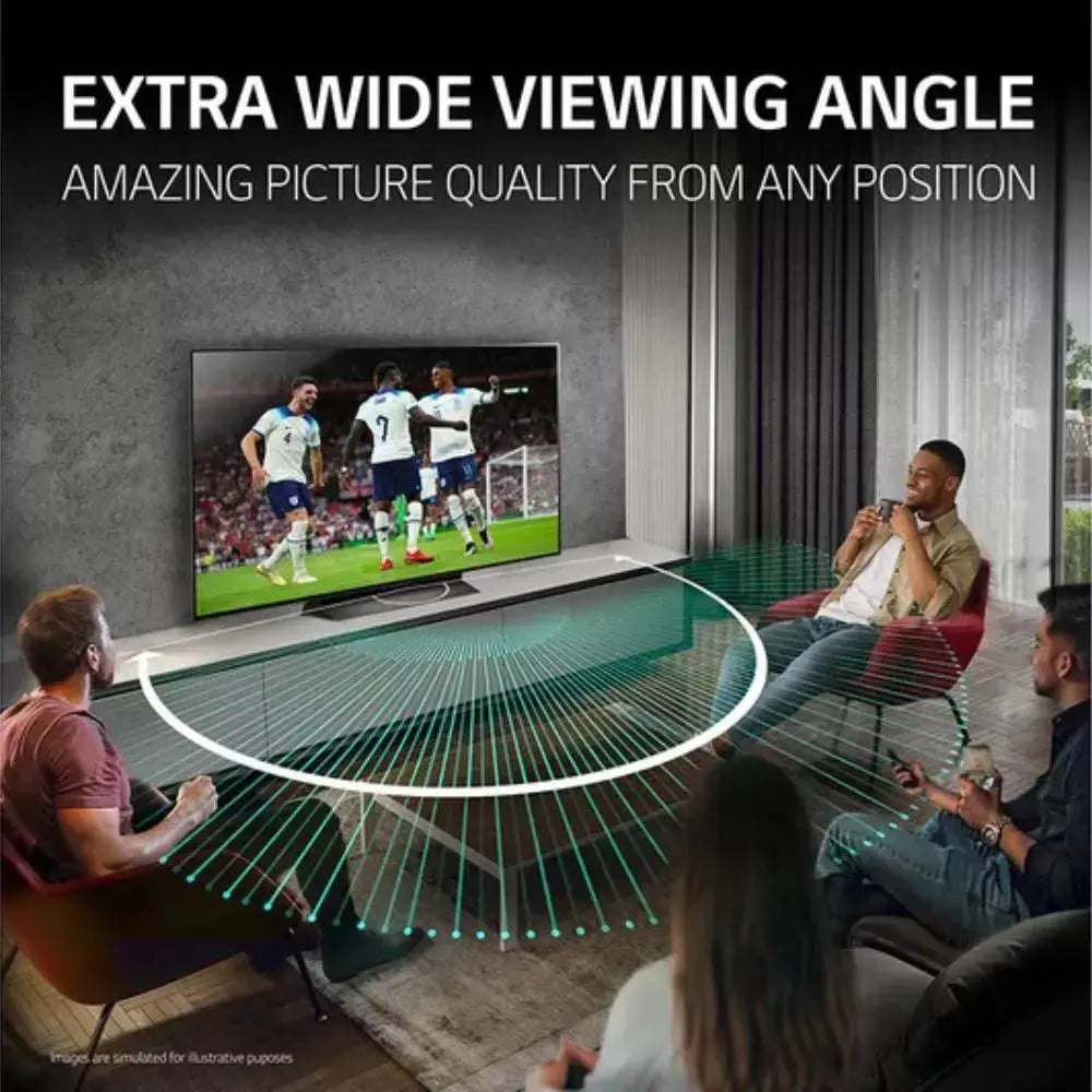 OLED TV showing sports scene with extra-wide viewing cone graphic