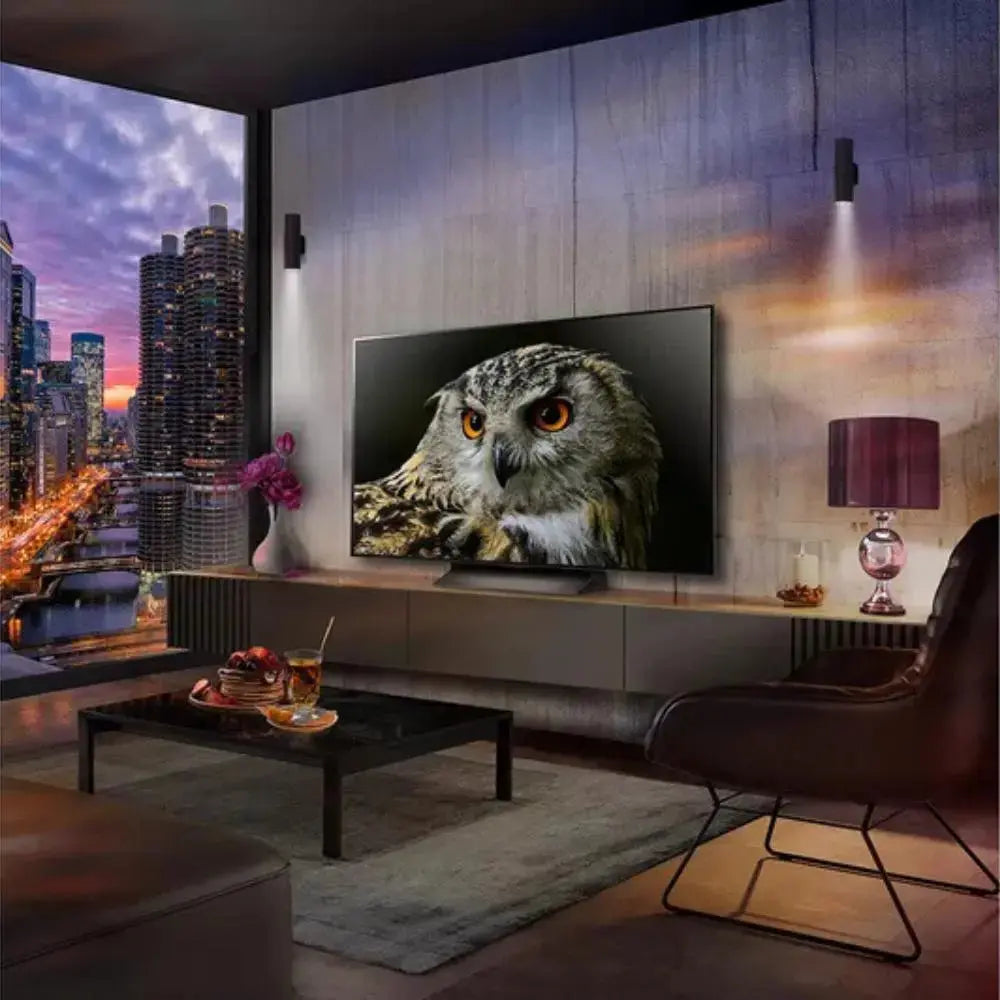 OLED TV displaying close-up owl image on the screen
