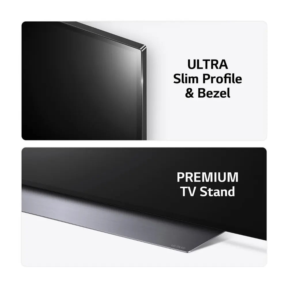 OLED TV corner view with slim profile and premium TV stand
