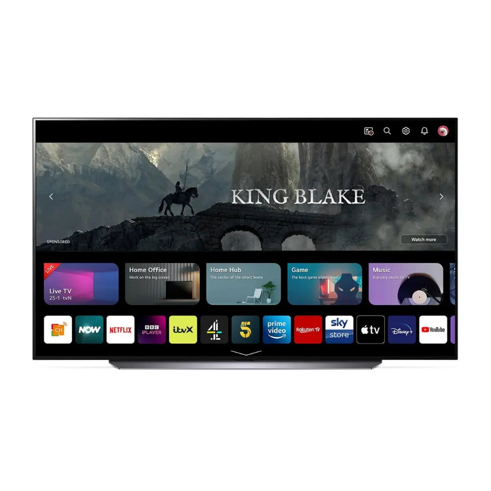 OLED smart TV showing home screen app icons and streaming menu