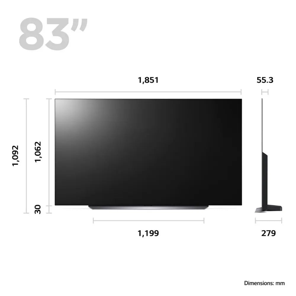 83-inch OLED TV dimensions diagram with front view measurements