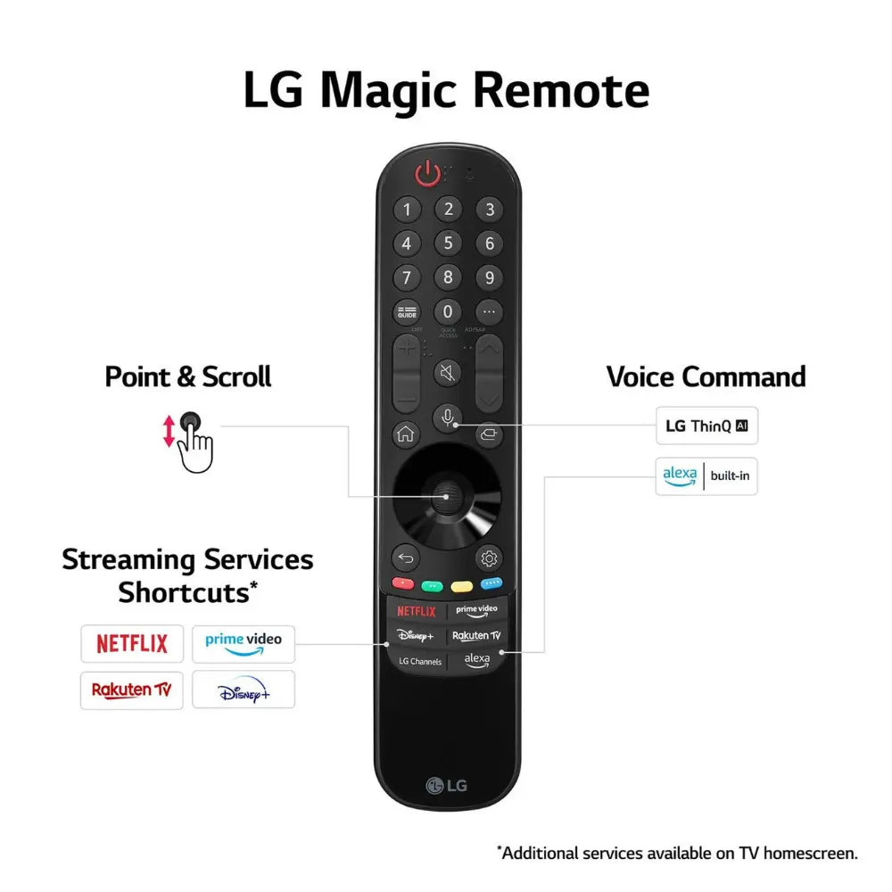 LG Magic Remote with voice command, streaming shortcuts, and point-and-scroll