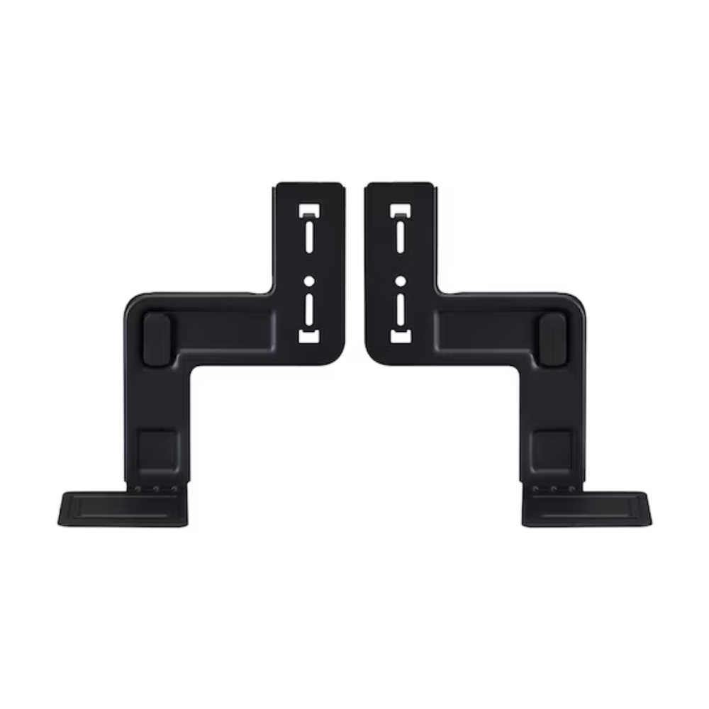 Black soundbar mounting bracket with two vertical mounts and flat base feet
