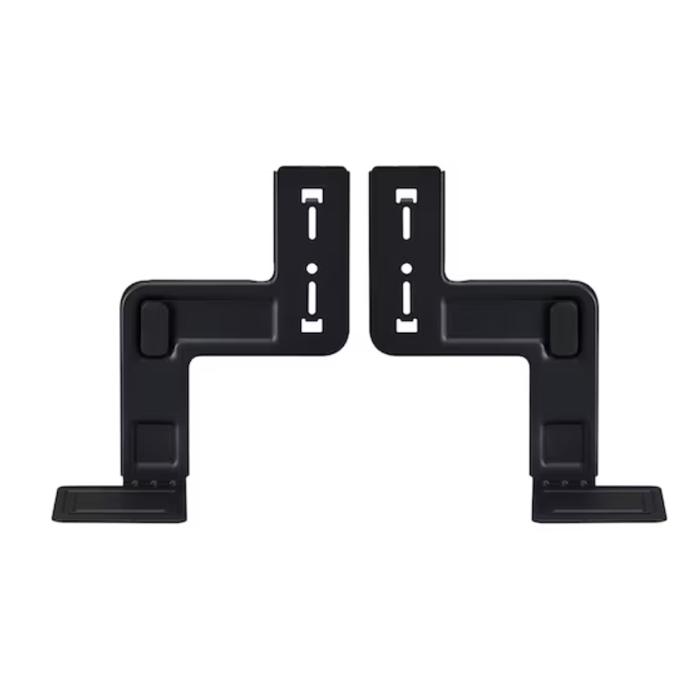 Black soundbar bracket with vertical center plates and adjustable side clips