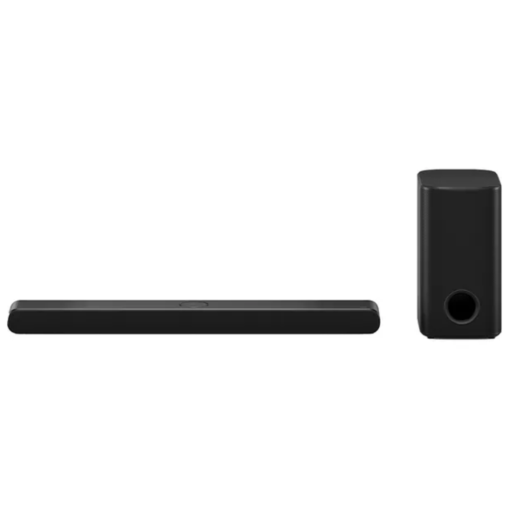 Black soundbar with separate wireless speaker unit, compact rectangular design