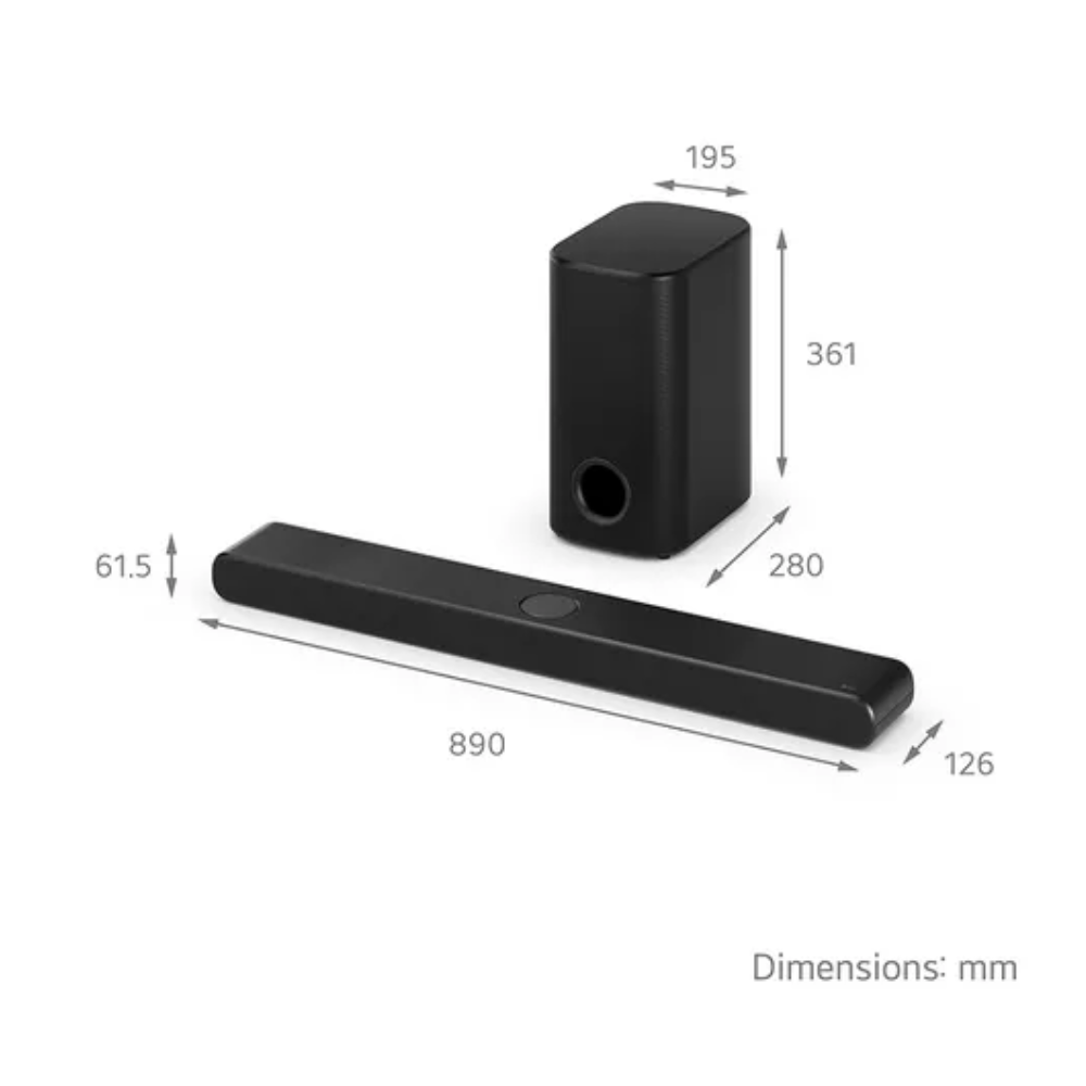 Black soundbar and wireless speaker with layout and dimension markers
