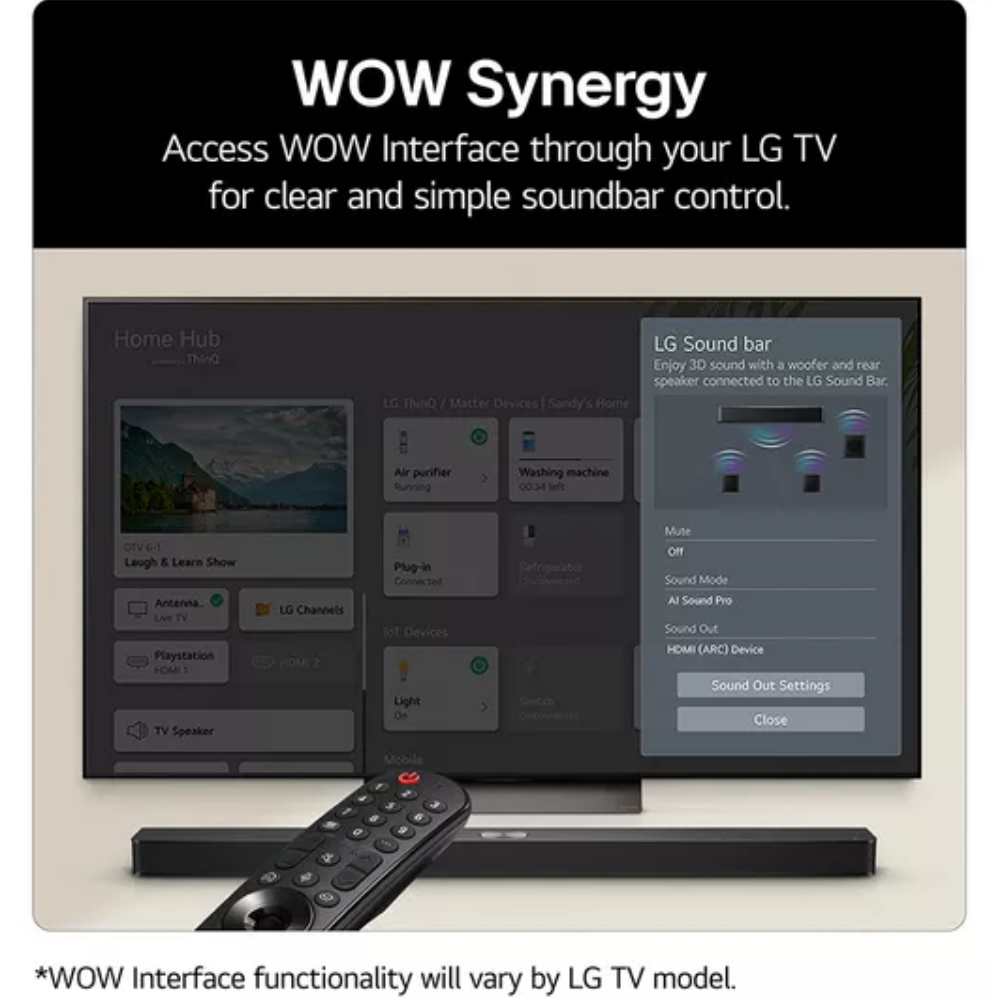 Black soundbar under a TV with remote and WOW Synergy control overlay