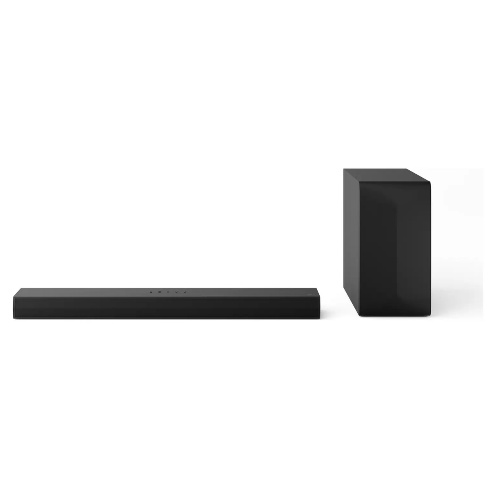 LG sound bar with wireless subwoofer, black rectangular speaker and separate cube sub