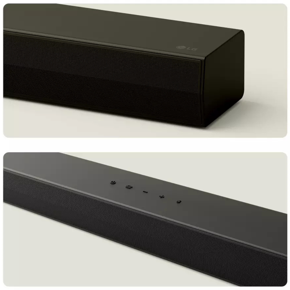 Black LG sound bar with front speaker grille, angled corner view