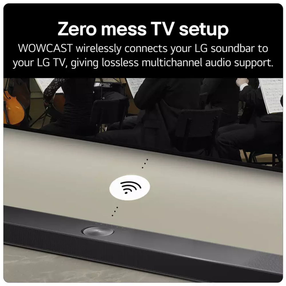 Black sound bar with indicator on front edge and slim top panel