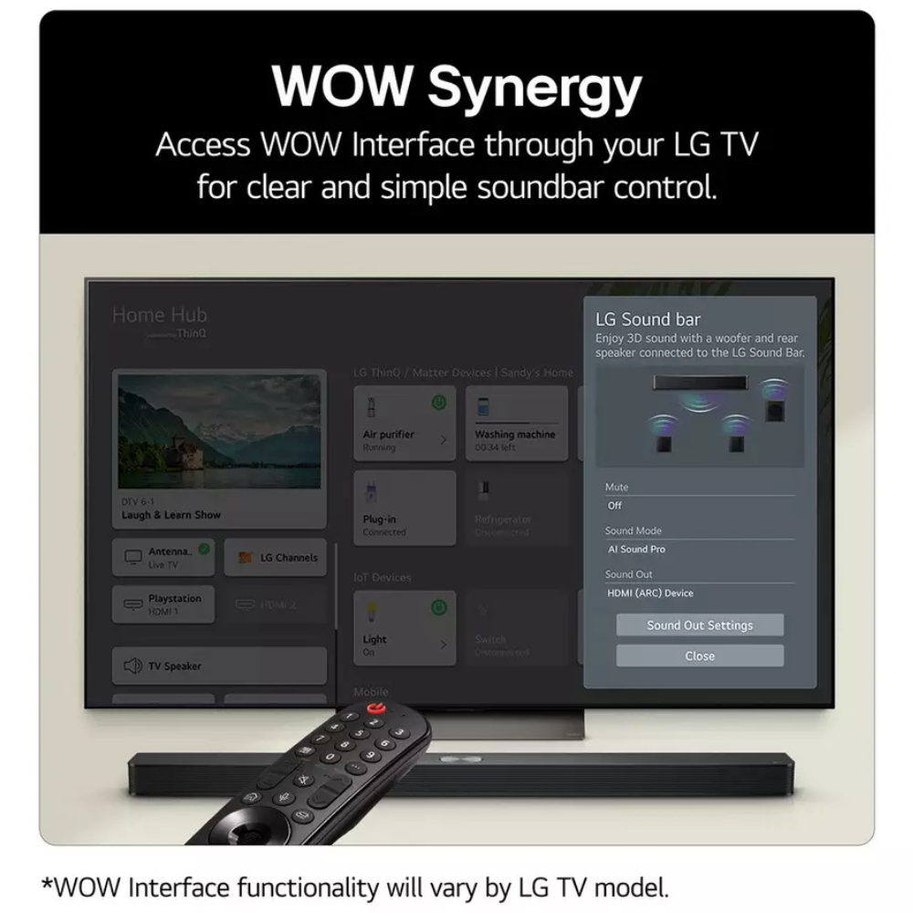 Black LG sound bar beneath a TV with a remote control on the shelf