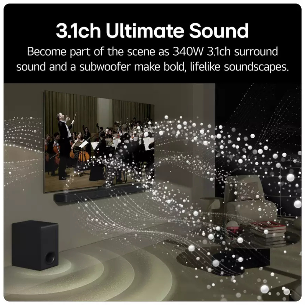 3.1-channel sound bar with wireless subwoofer, black speakers on display