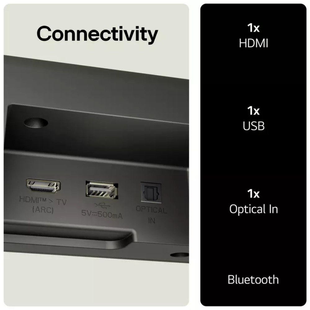 LG sound bar back panel with HDMI, USB, Optical In ports and Bluetooth