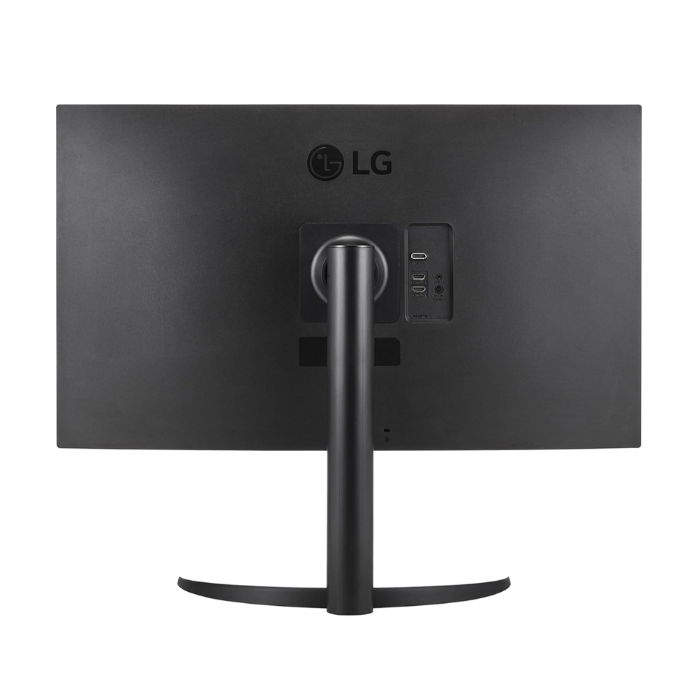 LG UltraFine monitor back panel with ports and pedestal stand, dark gray