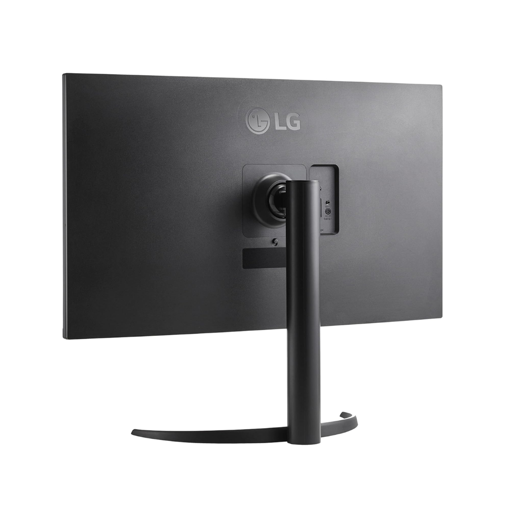 LG UltraFine monitor rear with circular power button and port area, pedestal stand