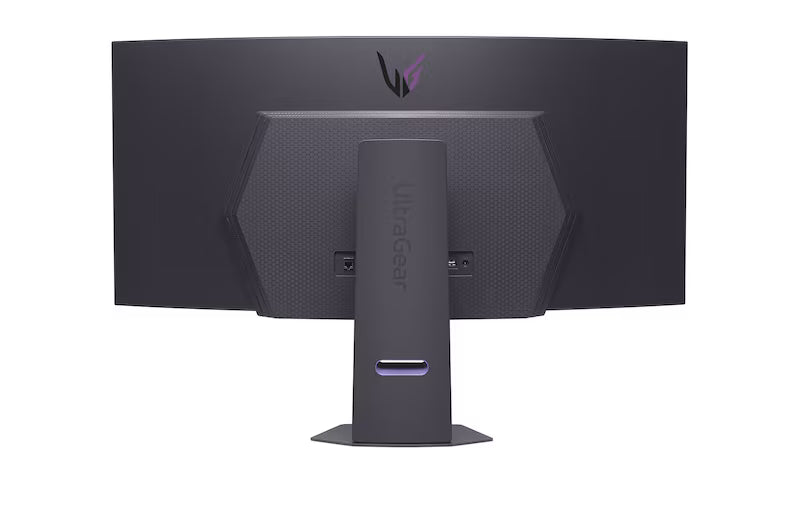 Curved OLED gaming monitor rear view with LG UltraGear emblem and central stand.