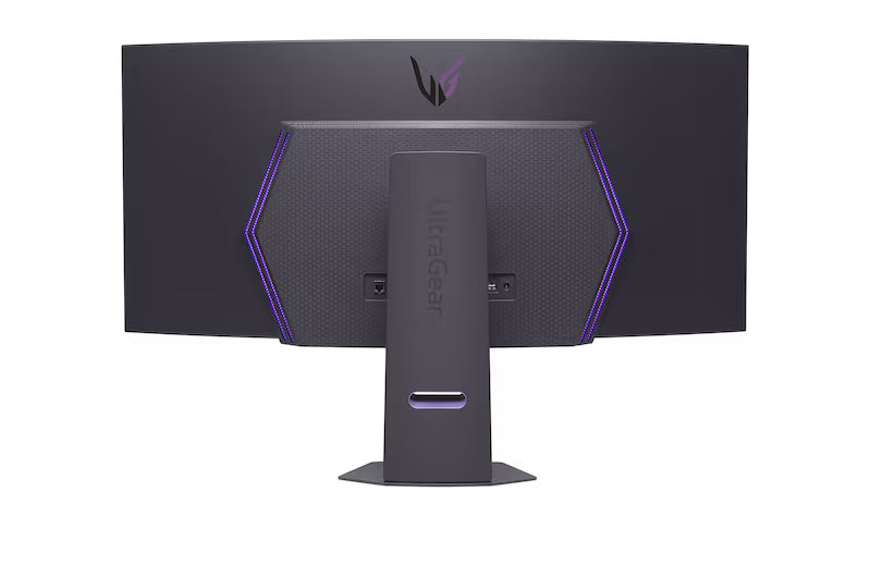 Curved OLED gaming monitor rear view with blue accent lighting lines and central stand.