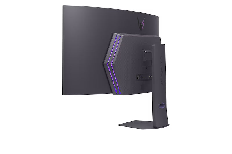 Curved OLED gaming monitor angled side view with rear ports area and stand.