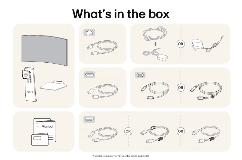 What's in the box for LG UltraGear monitor, showing cables, manual, and accessories.
