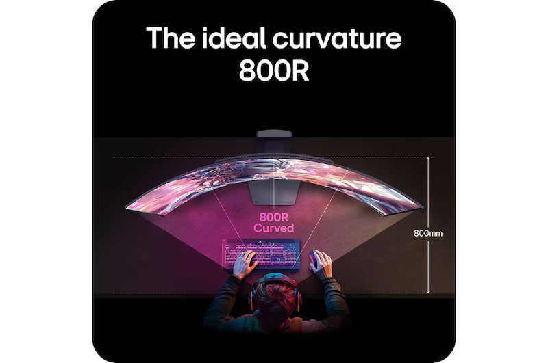 LG 800R curved OLED gaming monitor showing a wide panoramic gaming screen