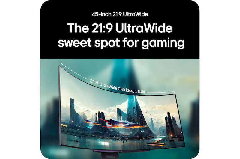 LG 45-inch 21:9 ultrawide curved OLED gaming monitor with cityscape gameplay