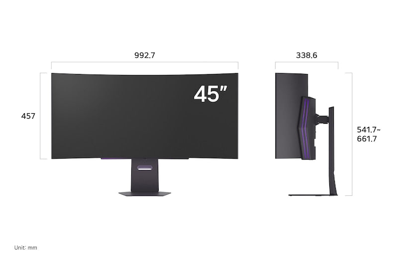 45-inch curved monitor size diagram with front and side measurements, rear stand shown.