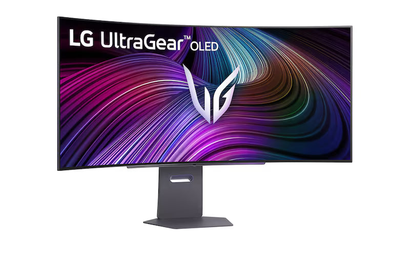 Curved OLED gaming monitor showing LG UltraGear branding and vivid curved display, dark stand.