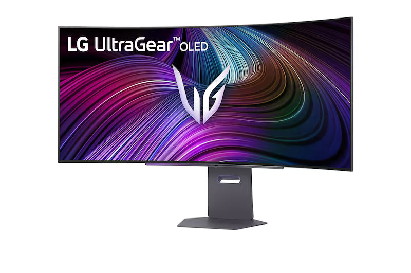 Curved OLED gaming monitor front view with LG UltraGear logo and 45-inch curved screen.