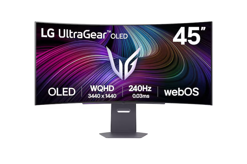 Curved OLED gaming monitor with LG UltraGear logo, 45-inch screen, dark stand.