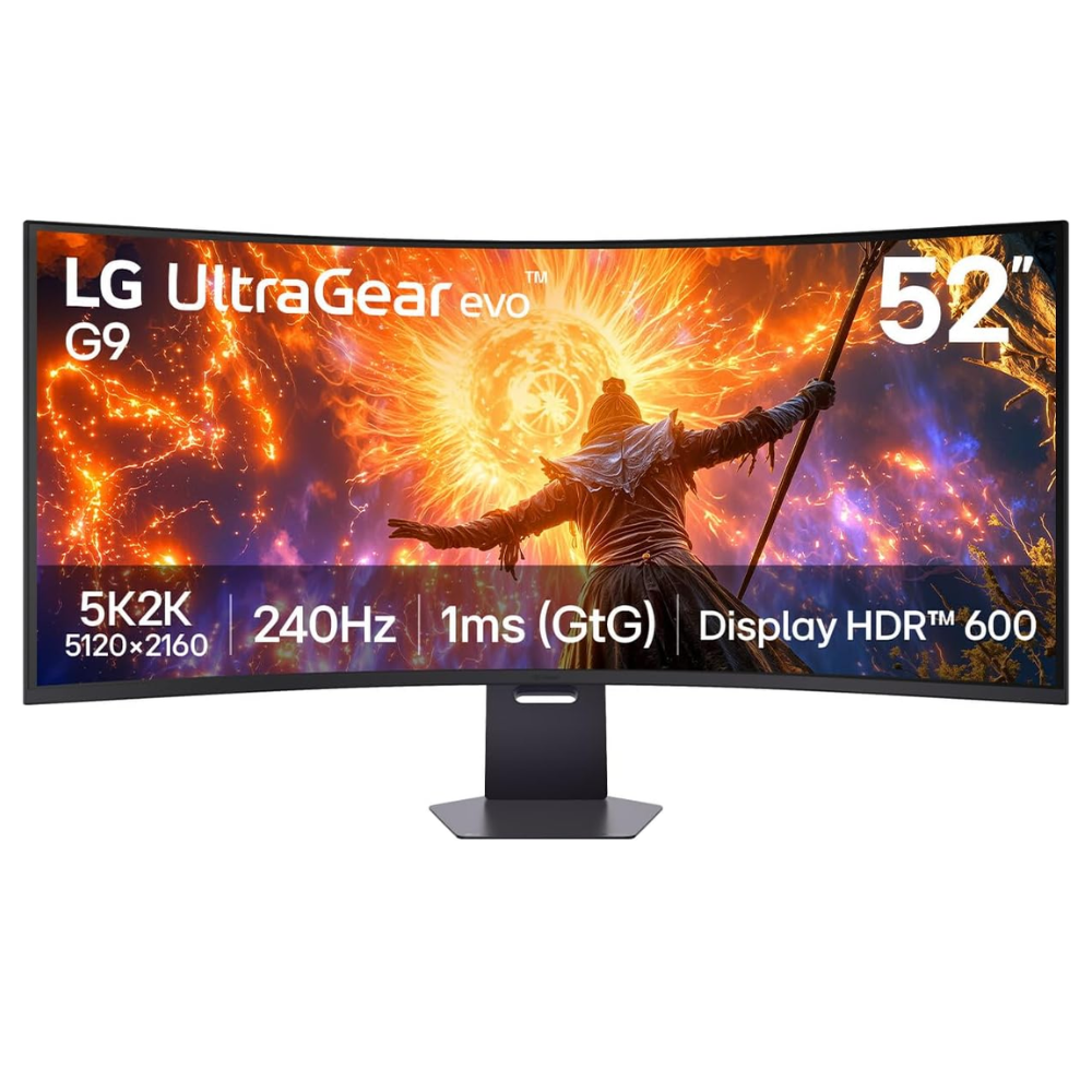 52-inch gaming monitor with black frame, stand, and colorful action display