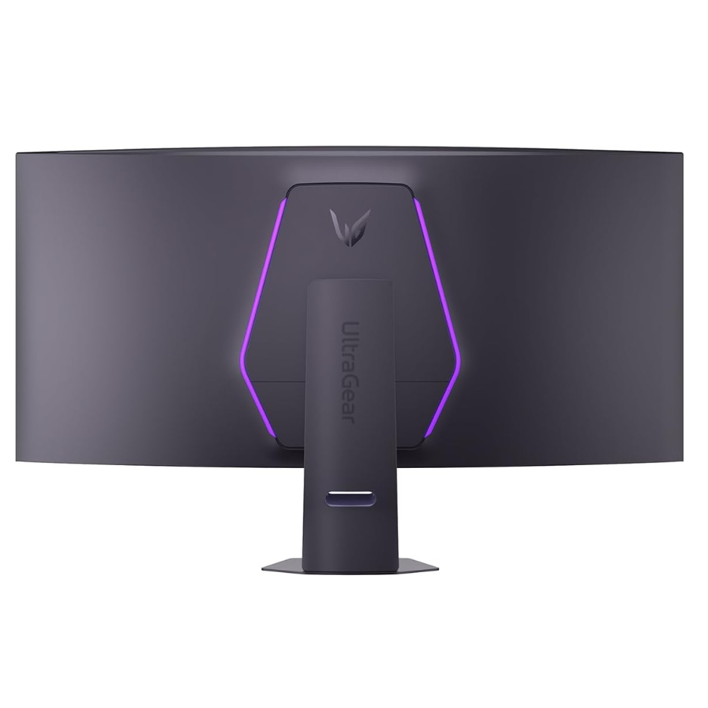 Gaming monitor with black screen back and purple RGB-lit stand