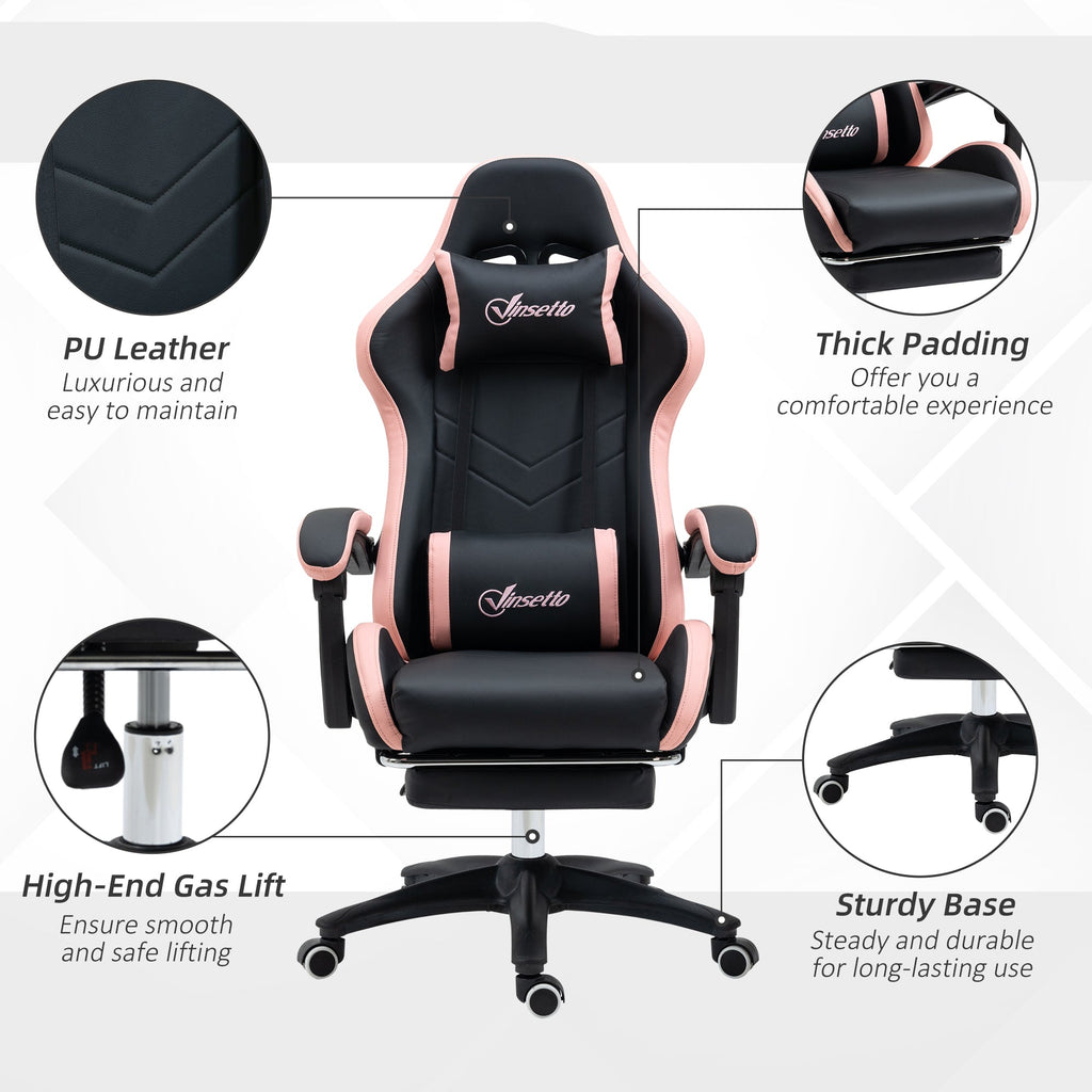 Black PU leather gaming chair with pink piping, thick padding, and sturdy five-star base