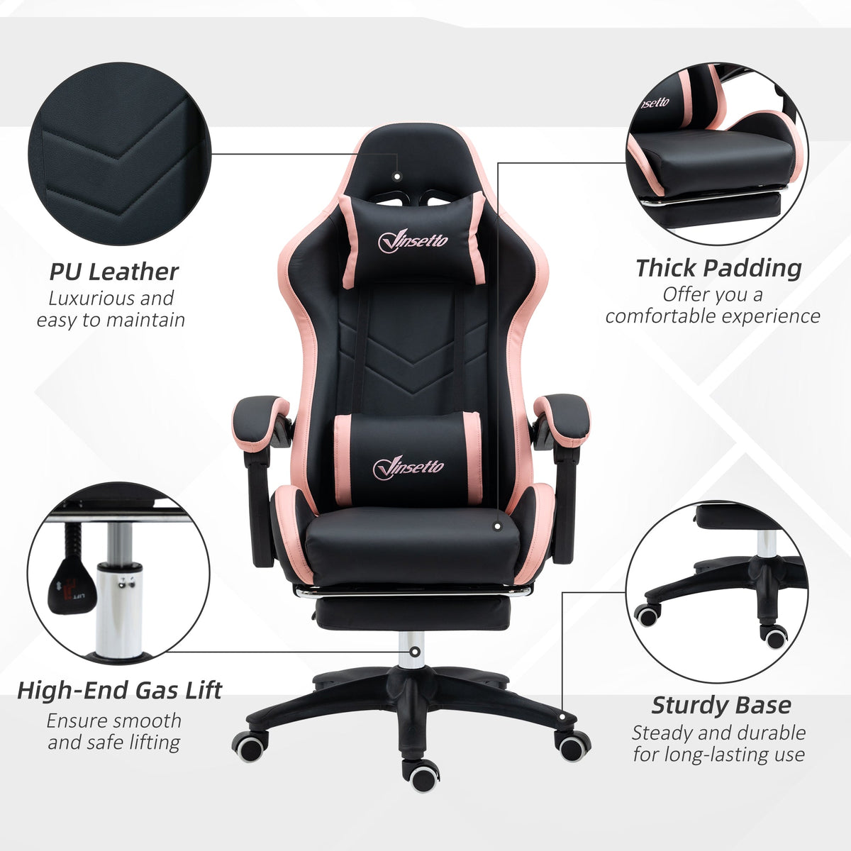Black PU leather gaming chair with pink piping, thick padding, and sturdy five-star base
