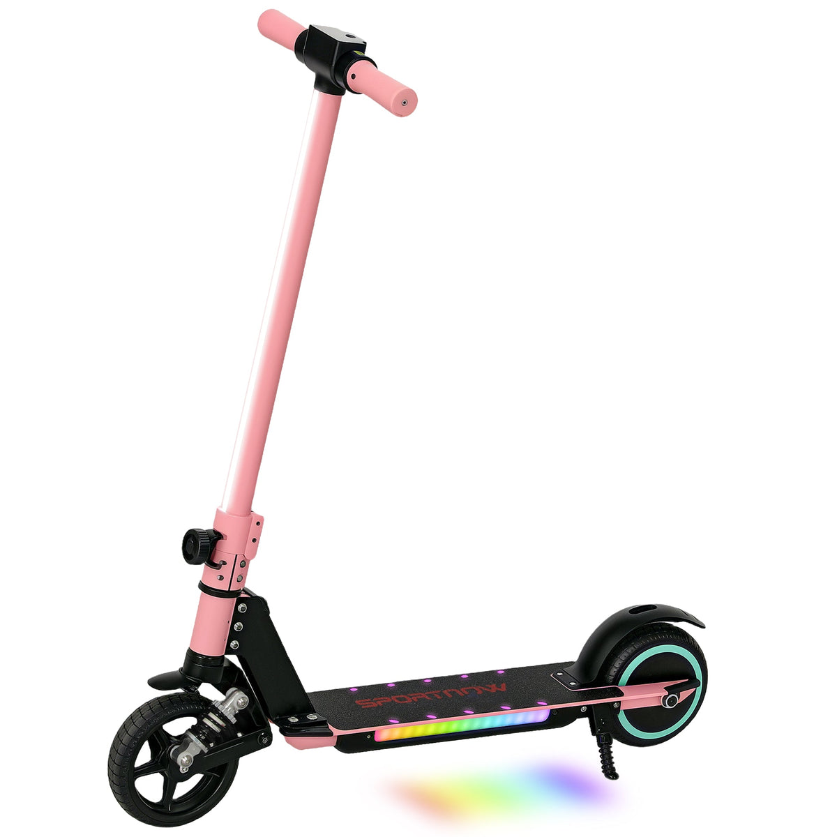 Folding electric scooter with pink frame and black deck, side view