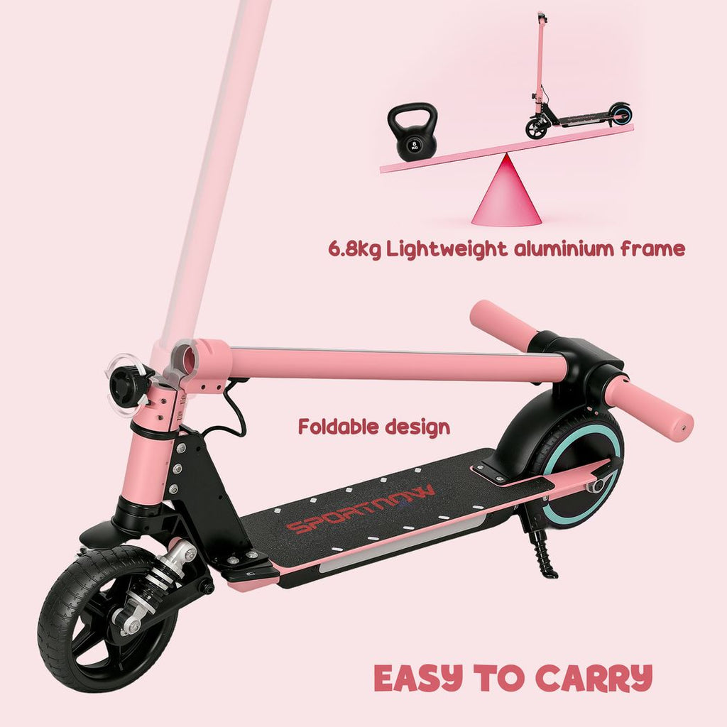 Folding electric scooter with light pink frame and black deck, foldable design