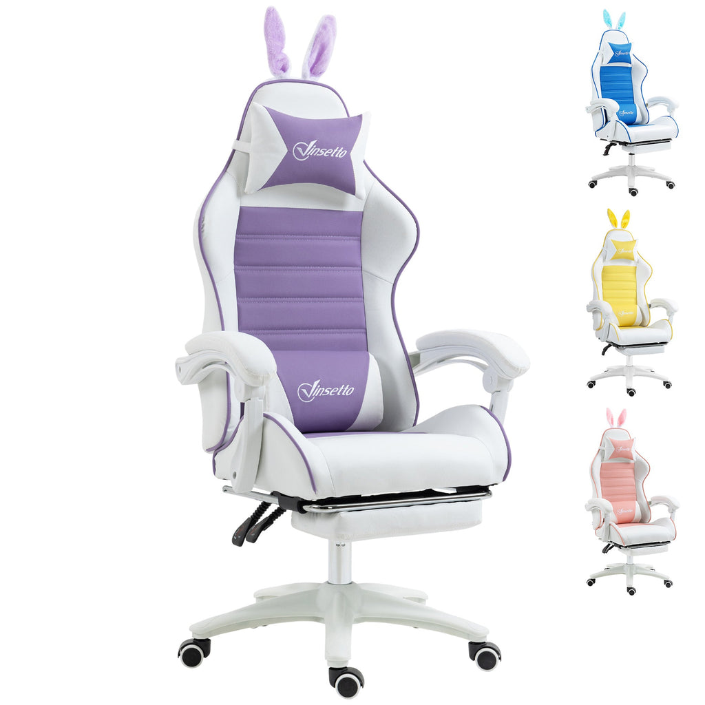 Purple and white racing gaming chair with detachable rabbit ears, recline, footrest.