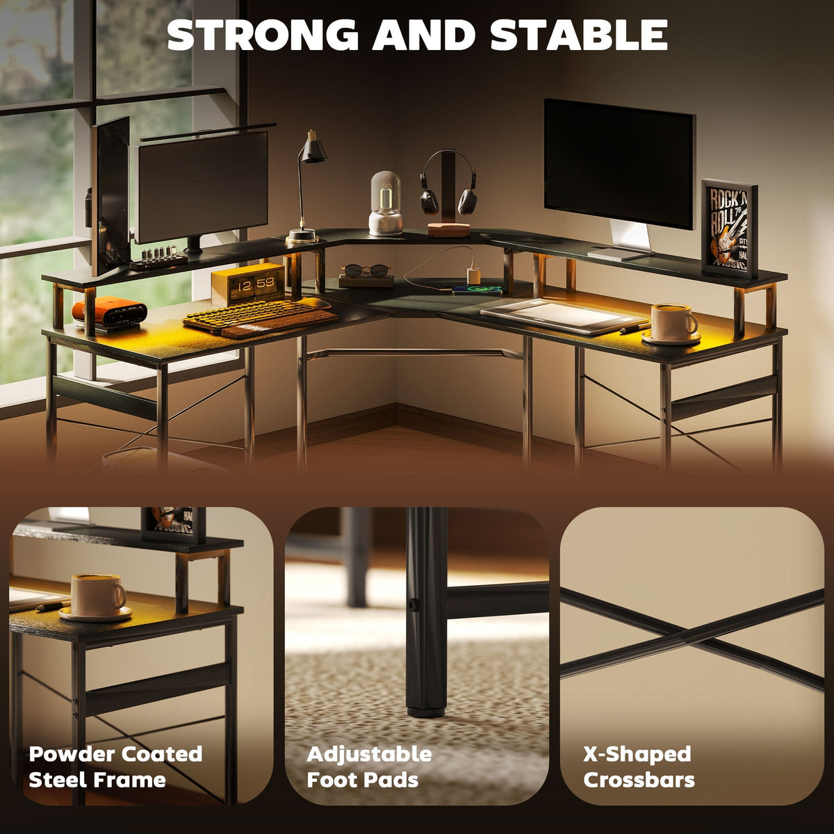 Black L-shaped desk with powder-coated steel frame, adjustable foot pads, and crossbars
