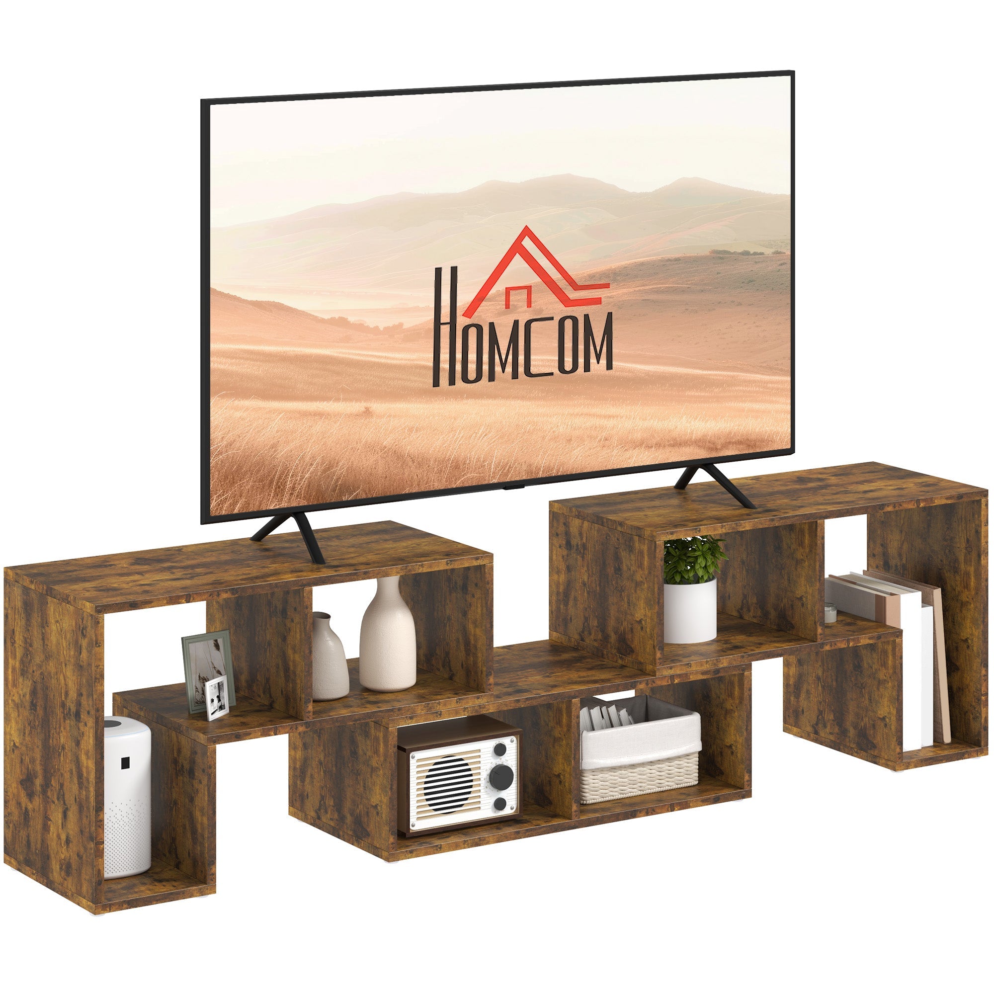 Rustic brown TV console with open cubbies and center media shelf, for up to 75 in TVs