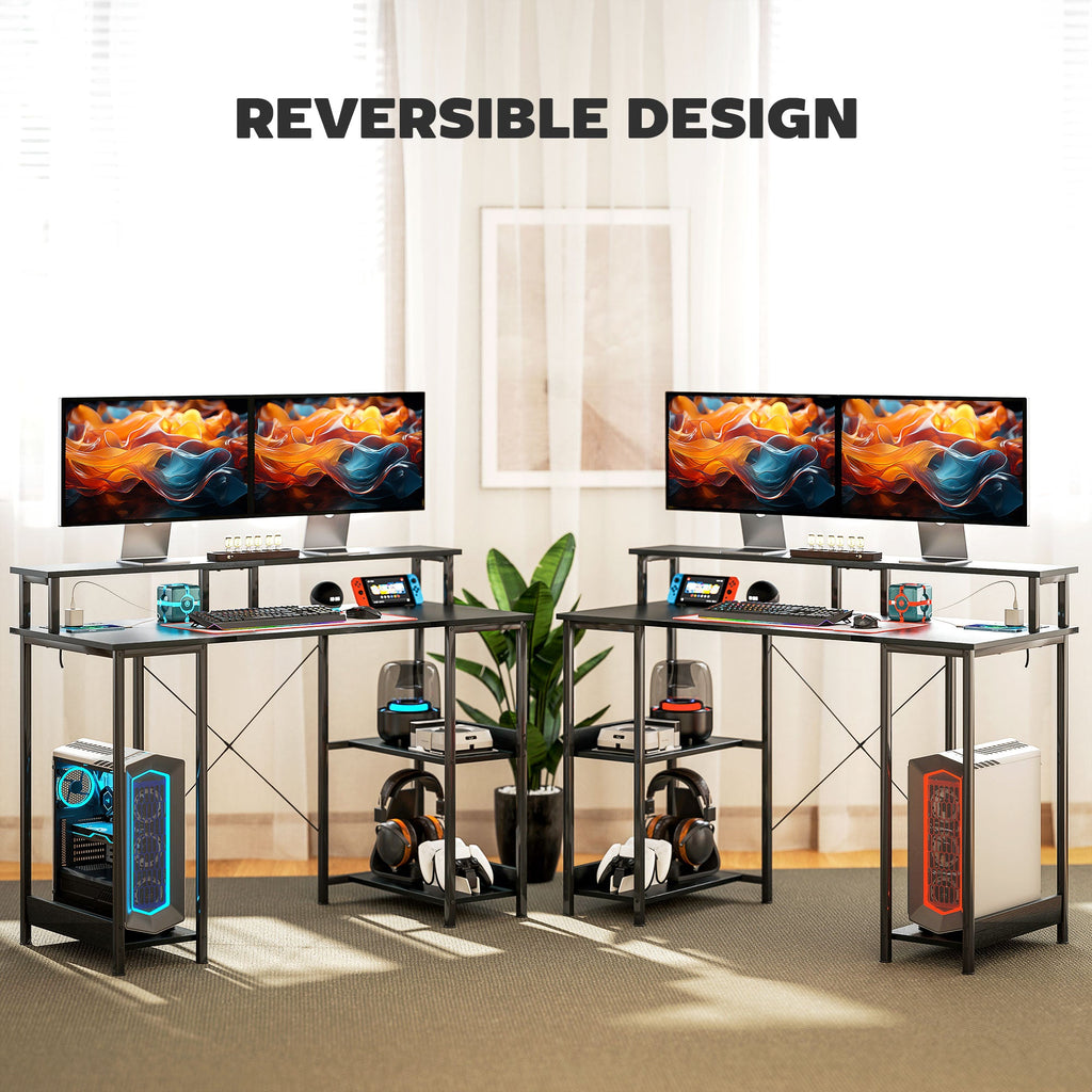 Black reversible computer desk with two side shelves and a raised monitor platform