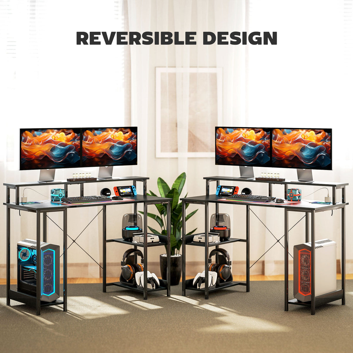 Black reversible computer desk with two side shelves and a raised monitor platform
