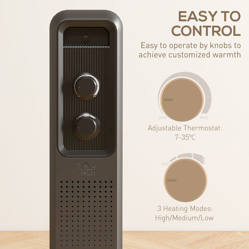 Grey oil-filled radiator heater front view with two knobs and vented control panel
