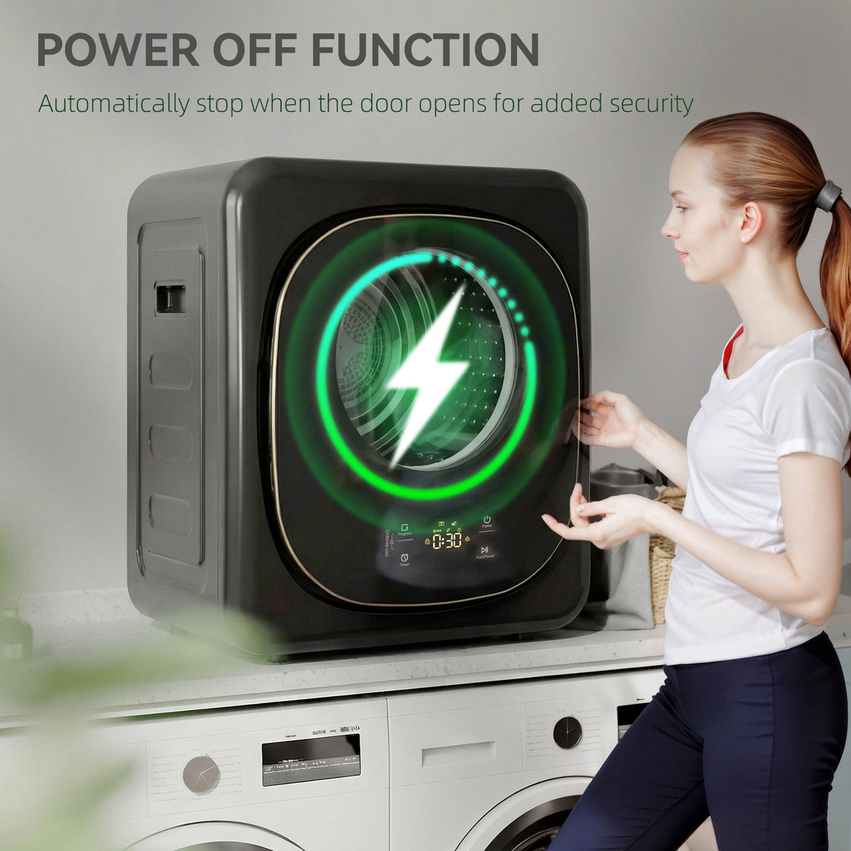 Black tumble dryer with door-safety LED indicator glowing on the front panel
