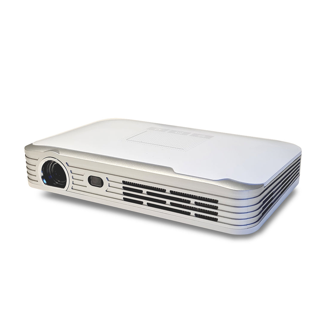 White ultra-portable projector side view showing front lens and ventilation