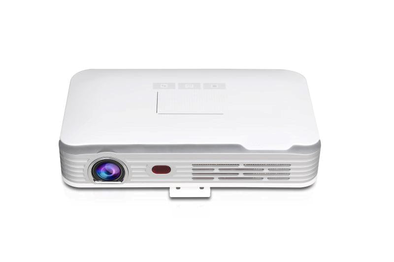 White ultra-portable projector with front lens and red indicator button