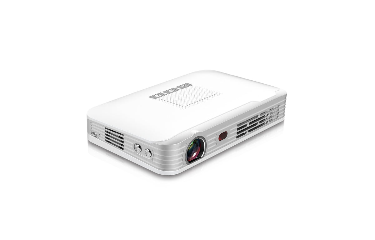 White ultra-portable smart projector angled view with front lens and grille vents