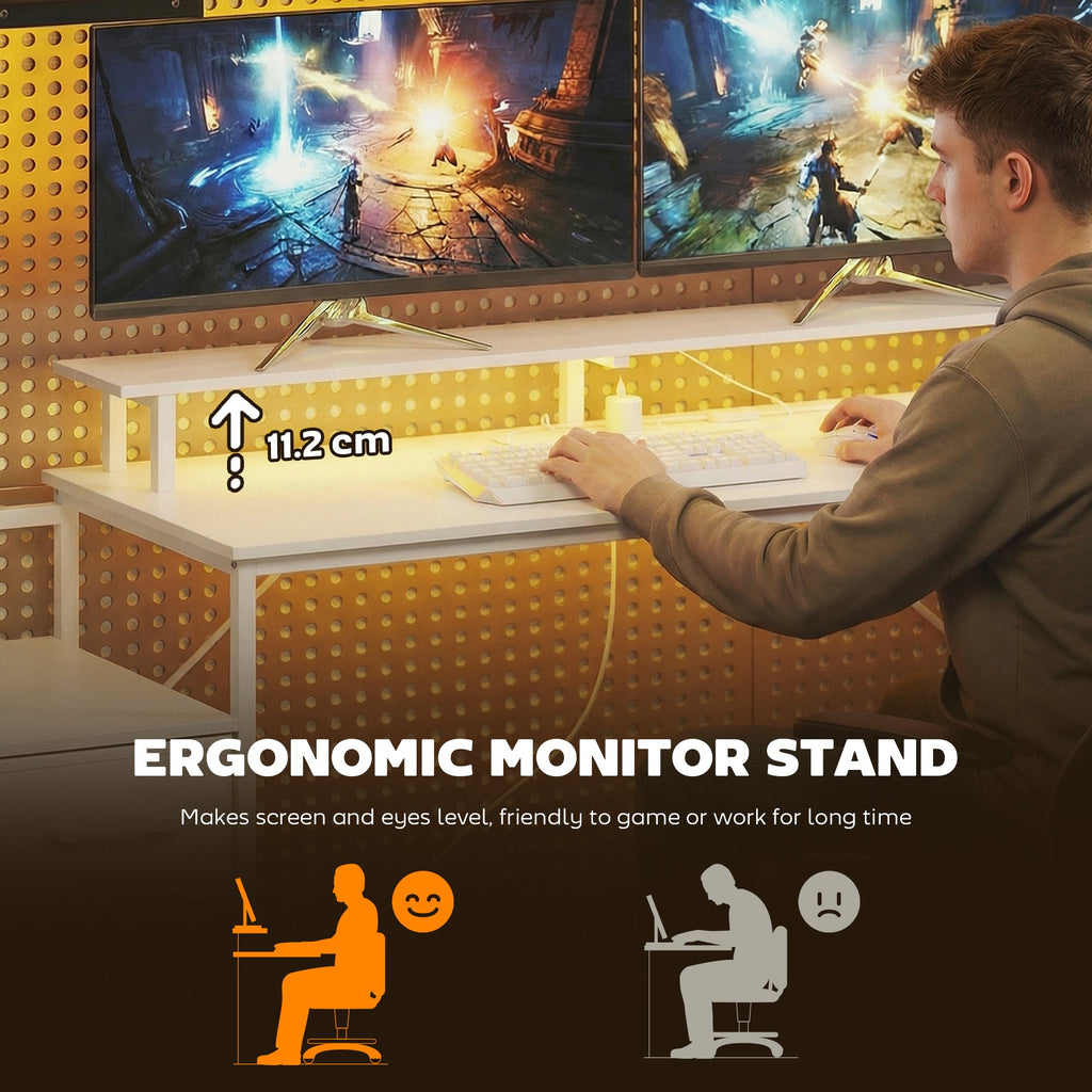 White gaming desk with adjustable monitor stand and RGB-lit workspace for gaming