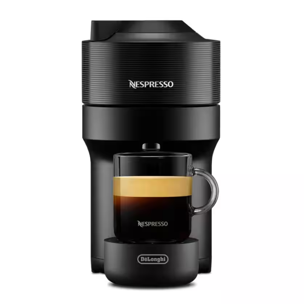 MAGIMIX NESPRESSO VERTUO POP coffee machine, black, with mug on tray