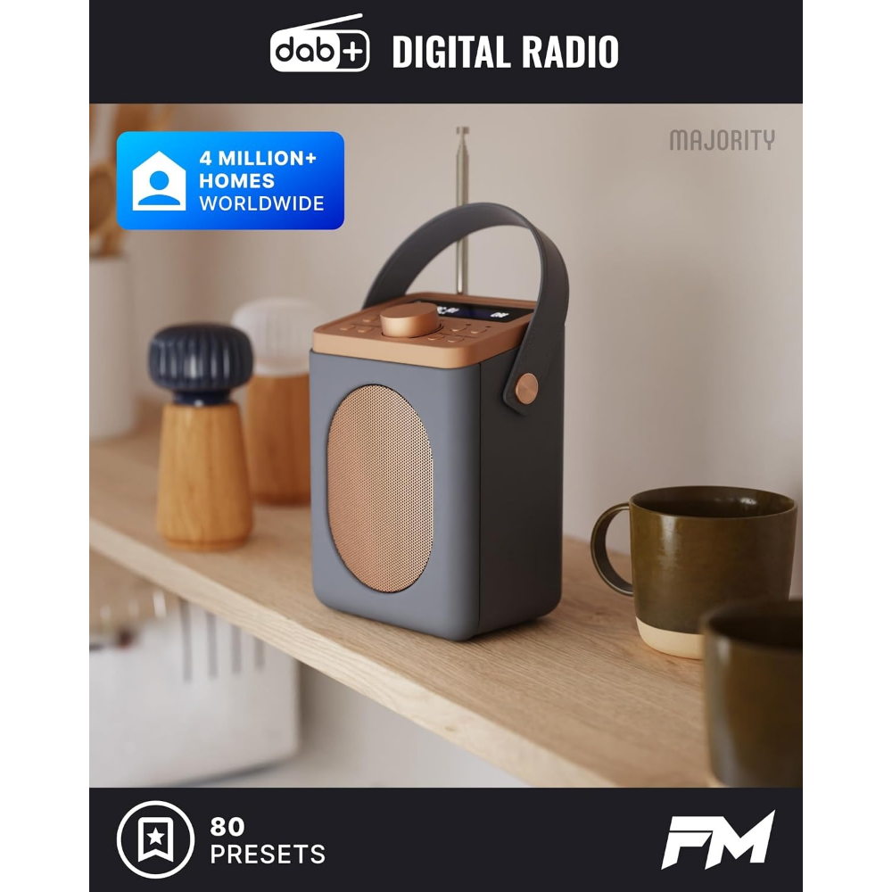 Grey portable digital radio side view, tan front speaker grille, and top control panel