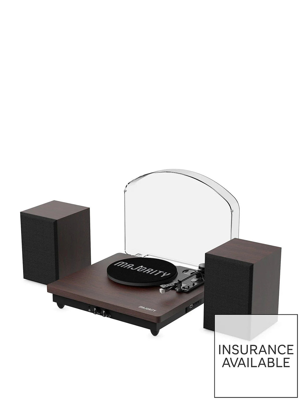 Brown wooden turntable with black platter and dust cover, plus two box speakers