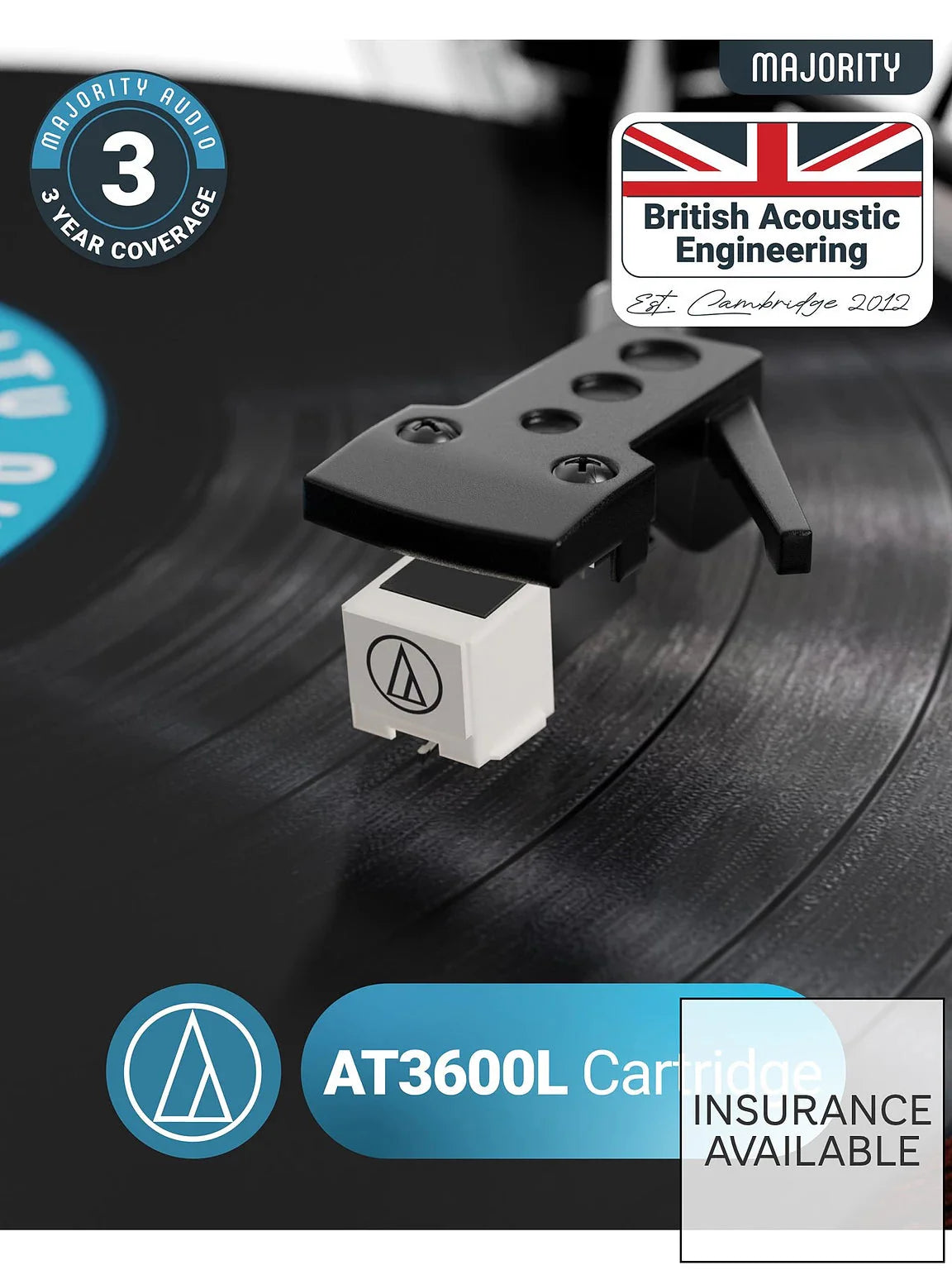 Turntable cartridge and tonearm on vinyl record platter